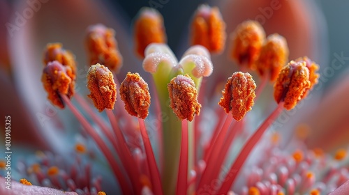 Close-up of a flower stamen with pollen grains.