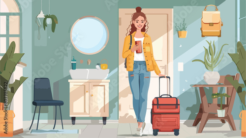 Woman with travel organizer and packed suitcase indoor