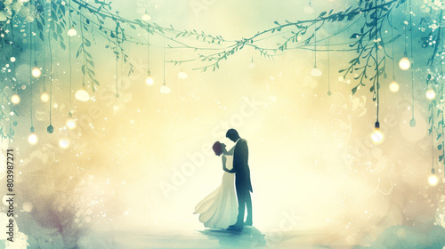 Silhouette of a couple sharing a romantic moment under a whimsical string of lights.