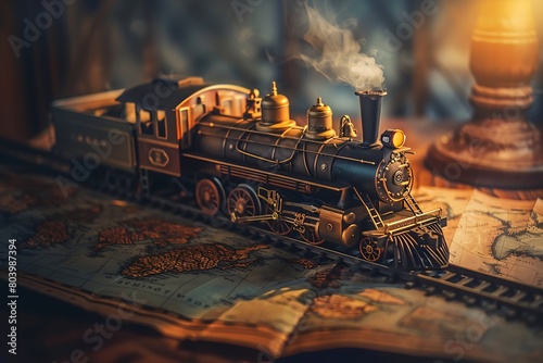 an antique model train on a vintage map, warm ambient lighting with a narrow depth of field,