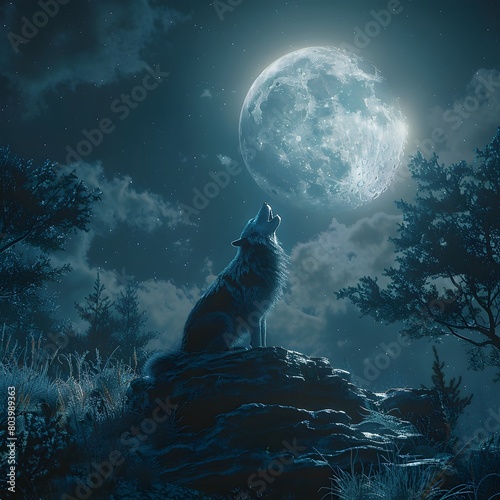 Lone wolf howling at the full moon in a mystical dark forest landscape evoking ancient legends and supernatural folklore