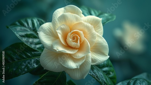 A beautiful close up of a white gardenia flower with green leaves.