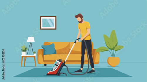 Young man with vacuum cleaner at home Vector style vector