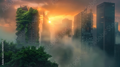 Ruined city buildings overtaken by nature, vines covering crumbling skyscrapers with a foggy sunrise in the background