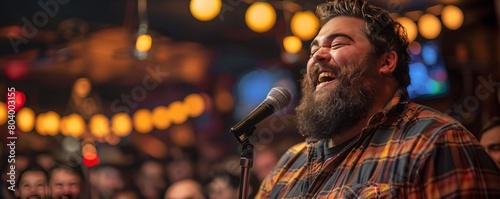 Overweight comedian telling jokes at a comedy club with a laughing audience.