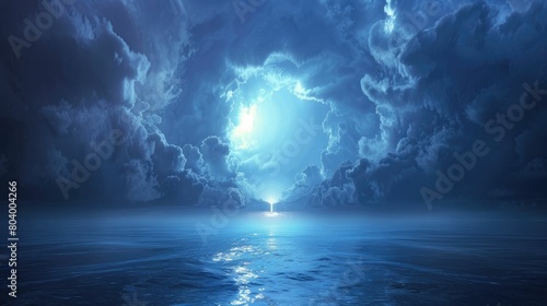 Moonlight pierces through a majestic cloud portal illuminating the tranquil sea