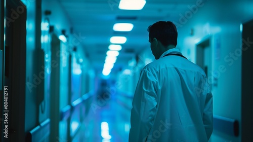 The hospital corridor witnesses a doctor's diligence as they study patient information intently.