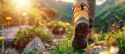 Hiking Boots Walking on a Mountain Path with Flowers and Grass: Trekking Adventure on a Sunny Day