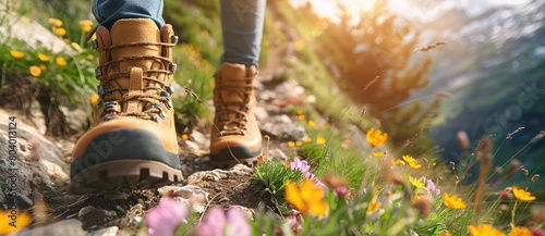 Hiking Boots Walking on a Mountain Path with Flowers and Grass: Trekking Adventure on a Sunny Day