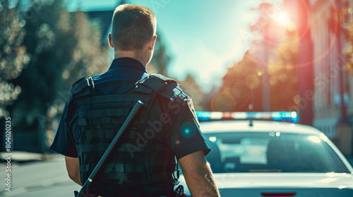 Rear view of a male police officer who patrols the city streets