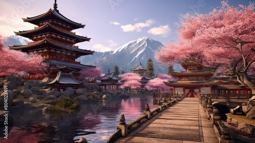 Traditional Asian architecture pagodas cherry blossoms