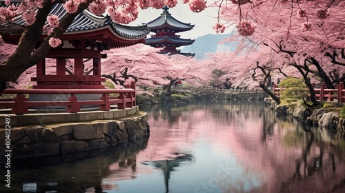 Traditional Asian architecture pagodas cherry blossoms