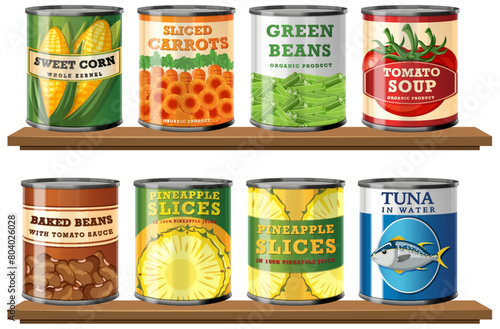 Colorful canned goods including vegetables and fish.