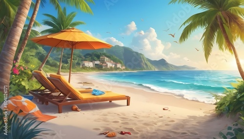 Summer beach background. Sandy seashore, sea coast with palm tree and vocation seaside travel vector cartoon backdrop illustration