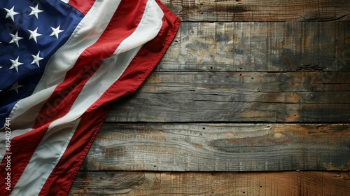 Close-up image of the American flag draped over a textured wooden surface, capturing the essence of patriotism and allegiance to the nation