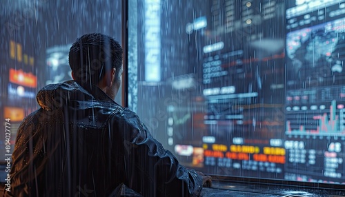 Focused Trader Amid Storm: Determination in Lightning-lit Night 🕴️⚡