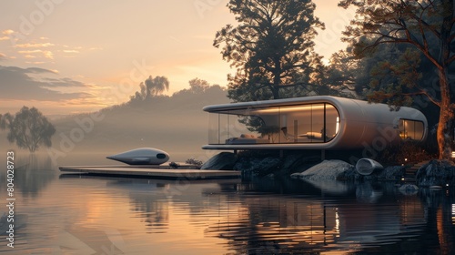 Autonomous futuristic house with a robust smart control system, visualized in a serene lakeside location, emphasizing sustainable materials and energy efficiency