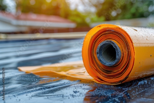 Orange tarp roll on roof, perfect for construction projects