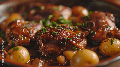 A close-up, vibrant image capturing the rich and traditional French dish, coq au vin, garnished with herbs in a rustic setting