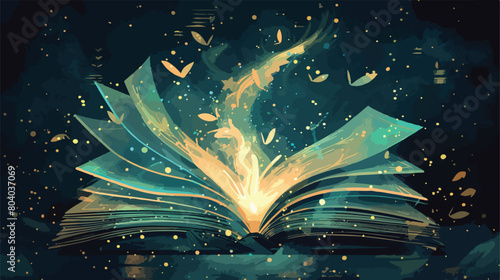 Collage with open magic book on dark background Vector