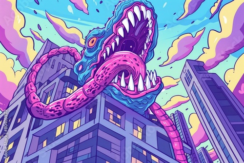 Cartoon cute doodles of a kaiju getting tangled in its own long tongue while trying to lick a skyscraper, Generative AI