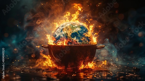 An abstract art piece featuring the Earth engulfed in flames inside a traditional cooking pot, symbolizing the urgent crisis of global warming