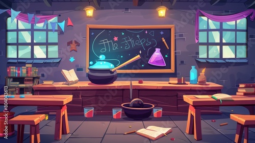 An interior of a magic school with wooden desks for pupils and a chalkboard for writing. A cauldron, witch hat, spell book, wizard wand, and broom are on the table of the teacher. Cartoon modern