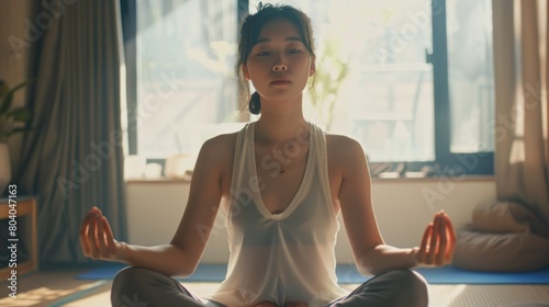A woman sitting in a yoga position in front of a window. Suitable for wellness and relaxation concepts