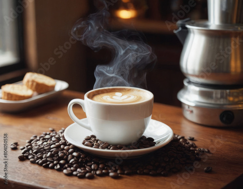 I chicchi di caffè sono come messaggeri dell'alba, circondano la tazzina per annunciare la nascita di un nuovo giorno.