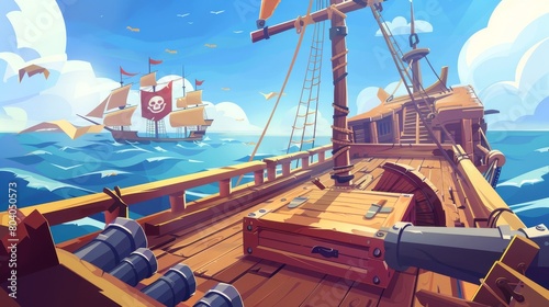 A cartoon modern illustration of a pirate ship deck with jolly roger flag on a seascape background, with a 2D adventure scene in the background.