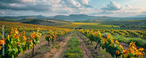 Landscape with vineyards in spring in the designation of origin area of Ribera del Duero wines in Spa