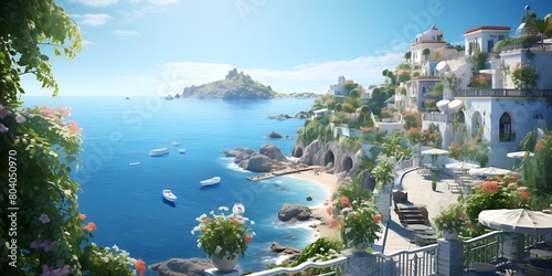 Beautiful view of Santorini island, Greece. 3D rendering