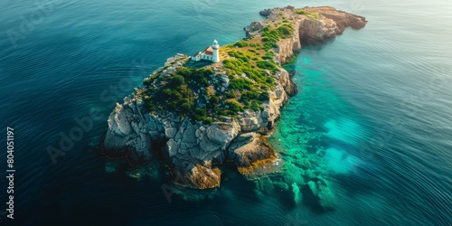 Aerial drone view of the lonely rocky island with lighthouse