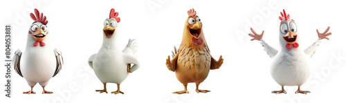 Set of 3D cute happy cartoon hen, isolated on white background, png