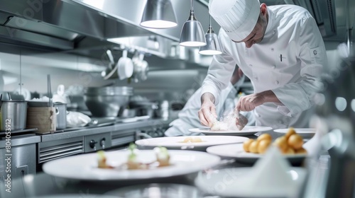 A skilled chef in a white uniform meticulously garnishing a dish in a modern, well-equipped restaurant kitchen.