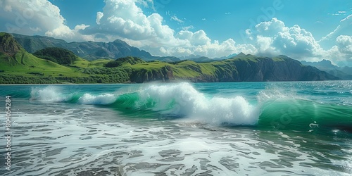 Majestic waves crash against the coastline with lush green mountains in the background, embodying nature's power and beauty.