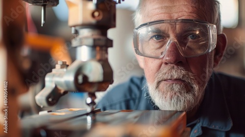 A senior man in his 60s wearing safety goggles, working in a shutter factory, He is using customized machinery for drilling joints into wood, The focus is on his face concentrating on hi