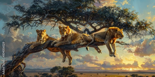 Majestic lions lounging on a tree in Kenyan savanna