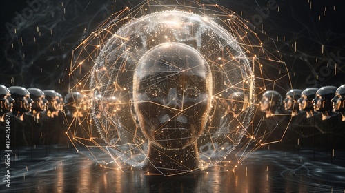 Futuristic representation of a social media sphere where each segment is a user's face, interconnected by digital lines symbolizing online interactions
