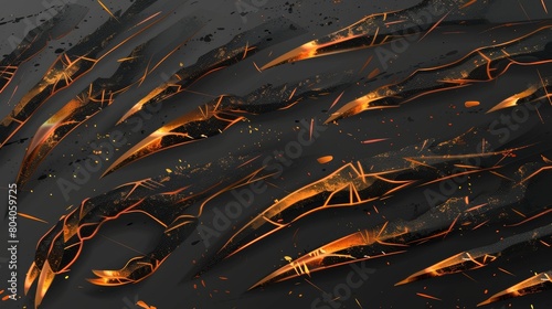 Monster claw marks, predator nail trails, glowing traces of wild animals. Tiger paws and fire talon rips, realistic 3D modern slashes on transparent background.