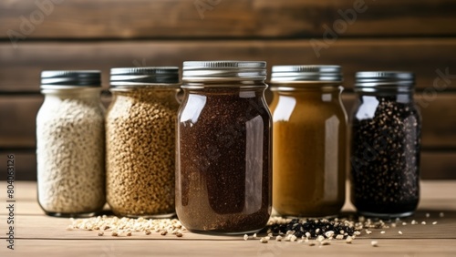  Organic grains in mason jars on rustic wooden table