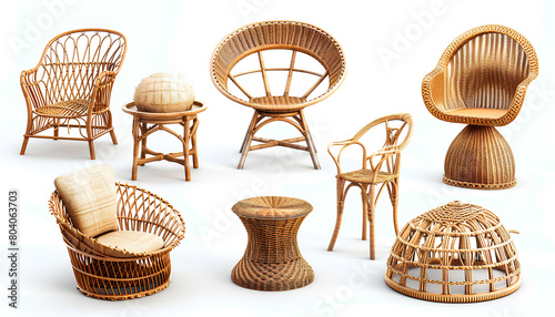 table chair armchair and other rattan furniture on a white background