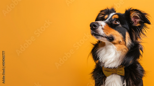Adorable Australian Shepherd dog with bow tie on yellow