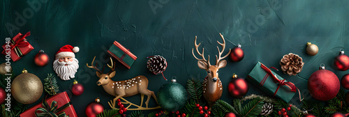 Christmas accessories with Christmas Ball, Santa Claus, sleigh, deer, presents. On A Winter on dark green background