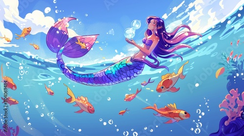 Modern illustration of mermaid with purple hair and fishtail floating on sea surface surrounded by happy fishes. Illustration of fantasy female creature with purple hair and fishtail.