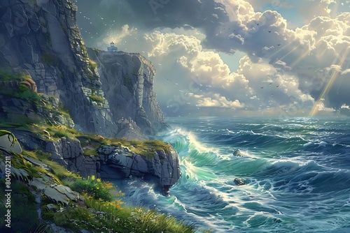 Coastal cliffs with waves crashing and a lighthouse beam