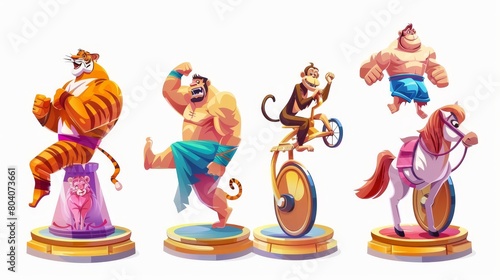 A training set of circus animals with a strongman and tiger sitting on a podium. Modern cartoon illustration of a monkey riding a monocycle, horse crossing an arena, and a circus strongman with