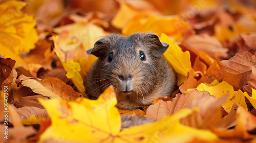 A small brown and white rabbit is sitting in a pile of yellow leaves