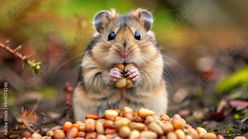 A small hamster is eating some nuts