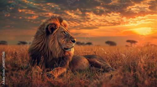 A lion is laying in the grass in front of a sunset